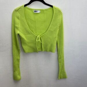 Mistress Rocks Neon Lime Ribbed Tie-Front Crop Top